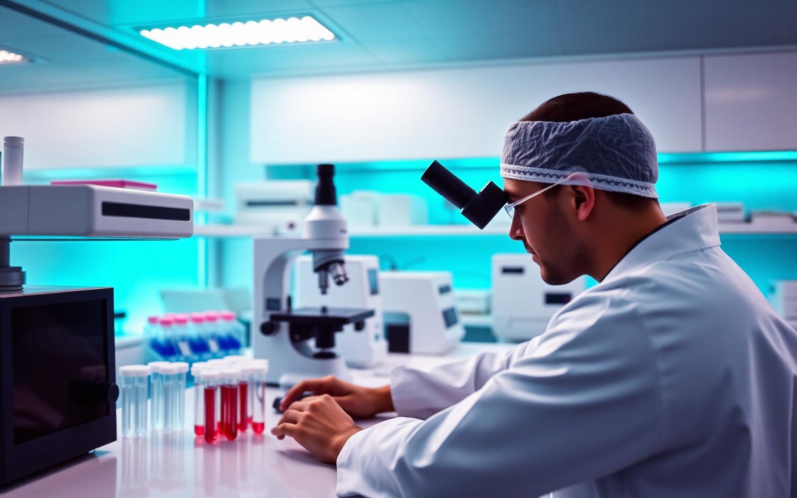 Life Care pathology laboratory with technician at microscope